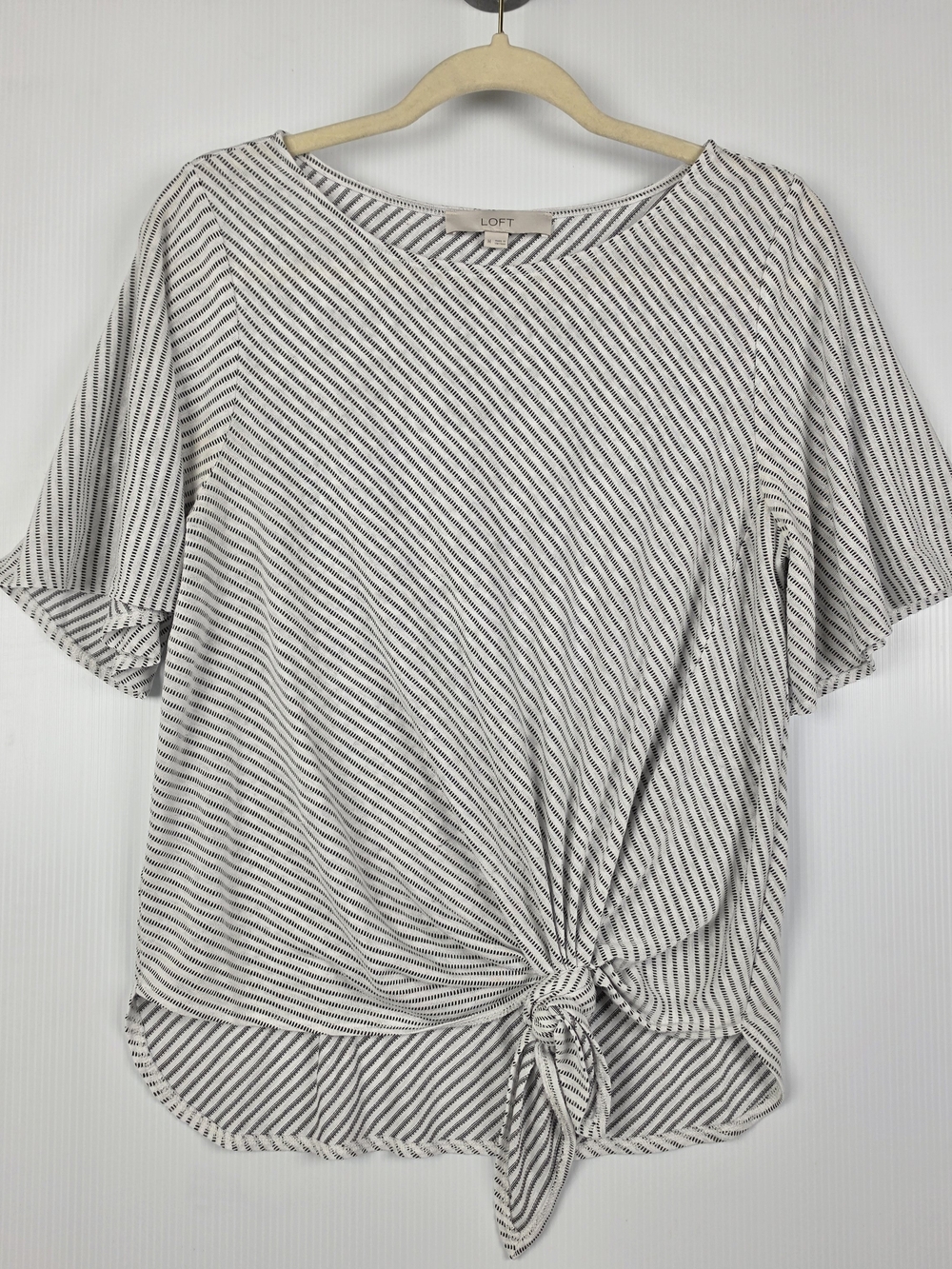 LOFT White with Black Stripe Tie-Front Short Sleeve Top